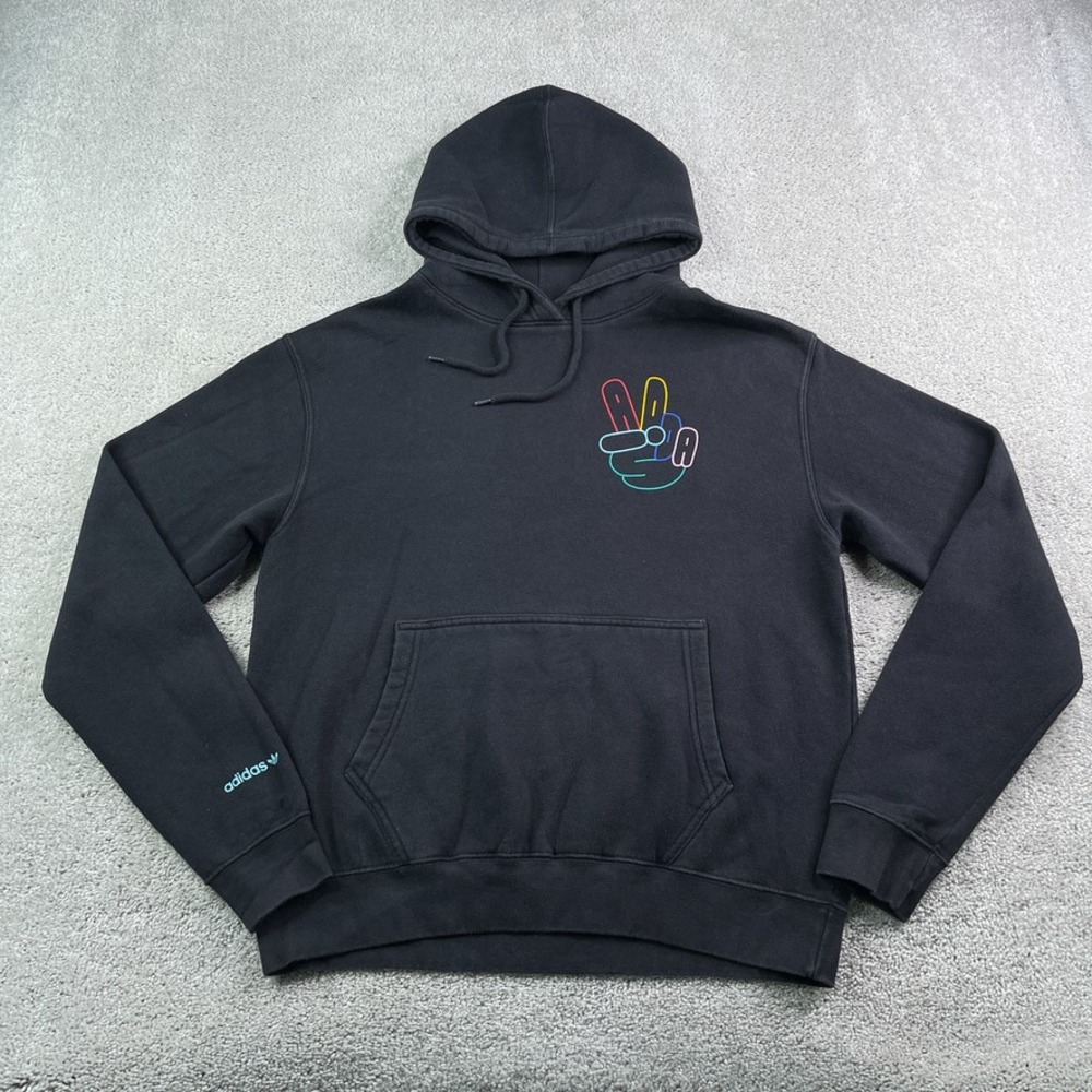 Adidas Hoodie Mens Medium Black Peace Sign Graphic Streetwear Sweatshirt